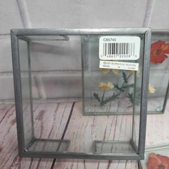 Set Of 4 Vintage Pressed Flower Glass Coasters With Metal Holder By Burnes Of Bo - Picture 4 of 6